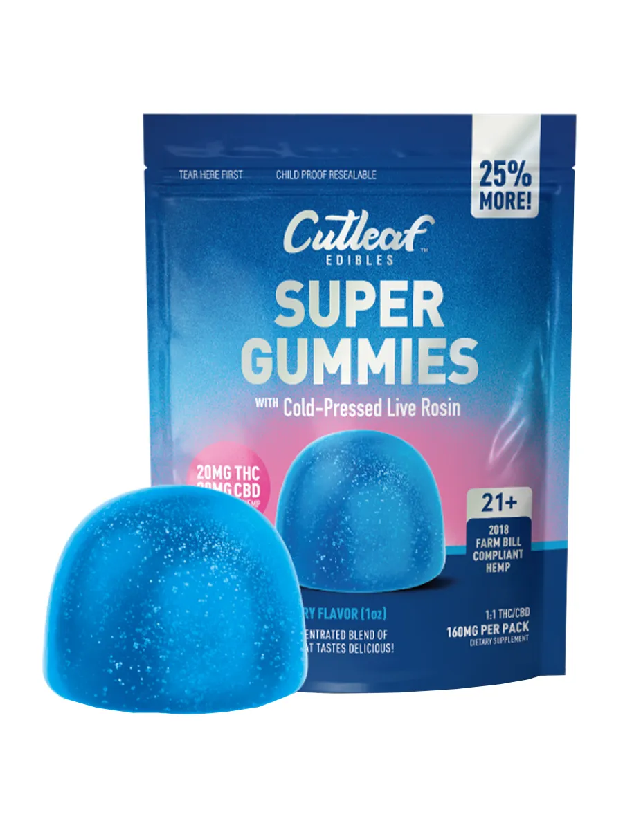 Blue Raspberry Cutleaf Super Gummies with Cold-Pressed Live Rosin Gummies