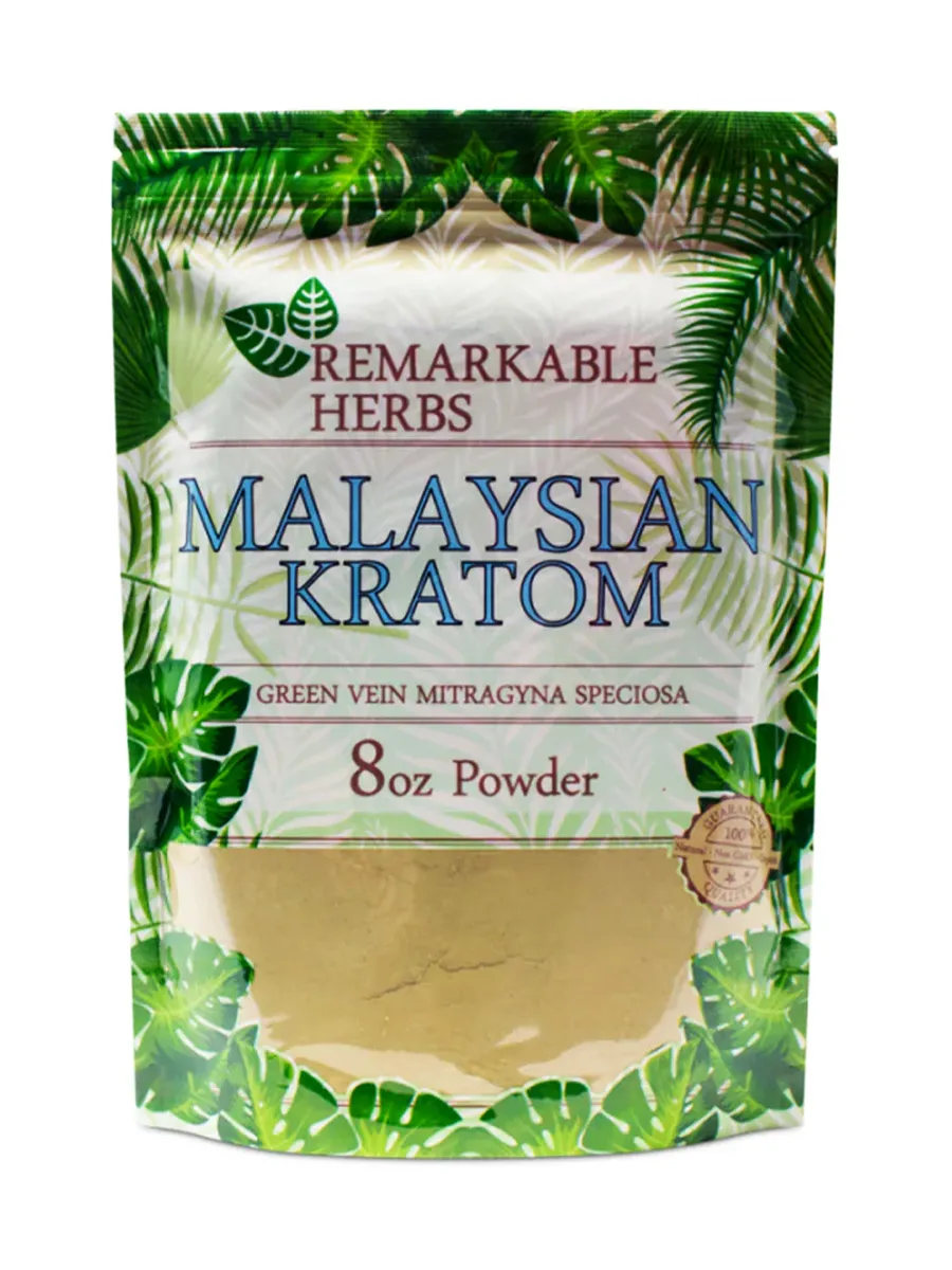 Malaysian Green Vein Mitragyna Speciosa Remarkable Herbs Kratom Powder 8oz Bag