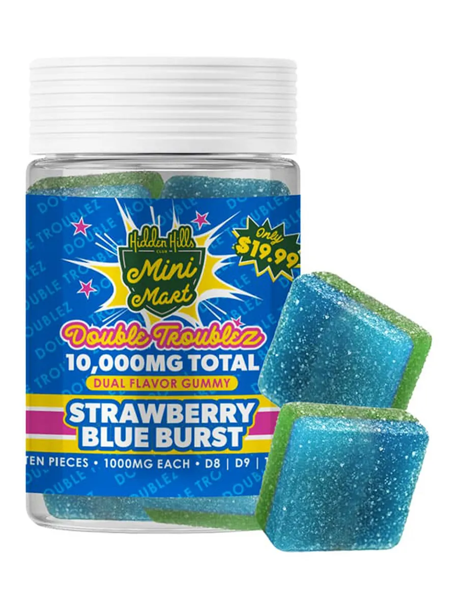 Strawberry Blue Burs Hidden Hills Mini Mart Double Troublez Gummies 10ct 10G