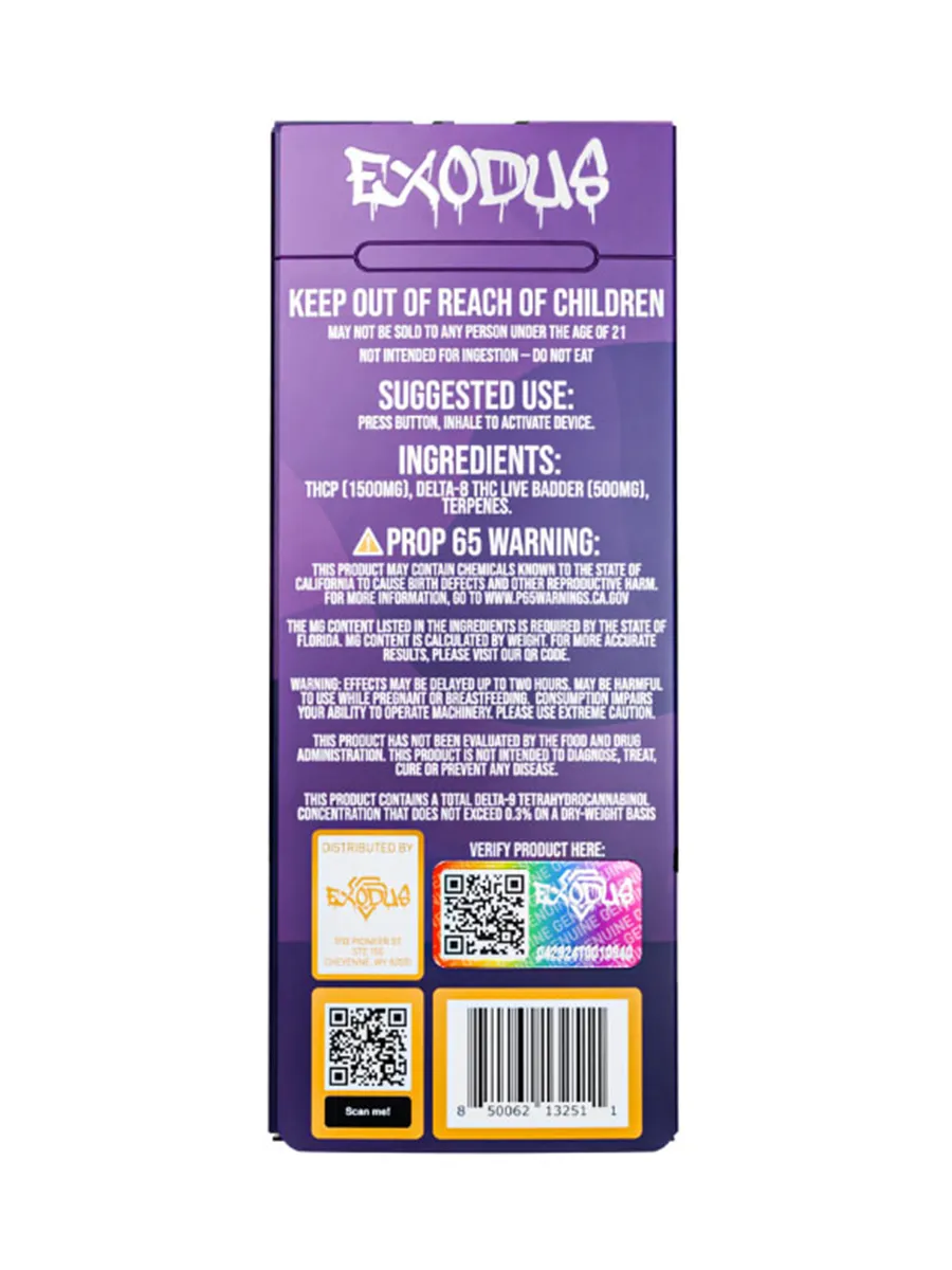 White Runtz Exodus Purpz Live Badder THC-P Disposable Vape 2.2G - Image 2